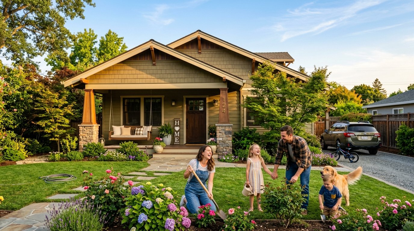 A smiling family in the garden of their California craftsman home
